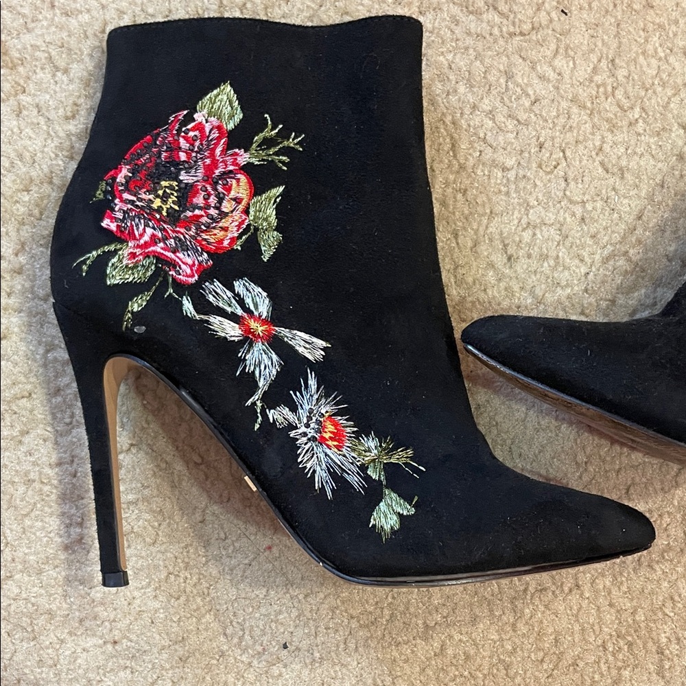 bebe Black Floral Embroidered Suede Stiletto Ankle Boots - Women's